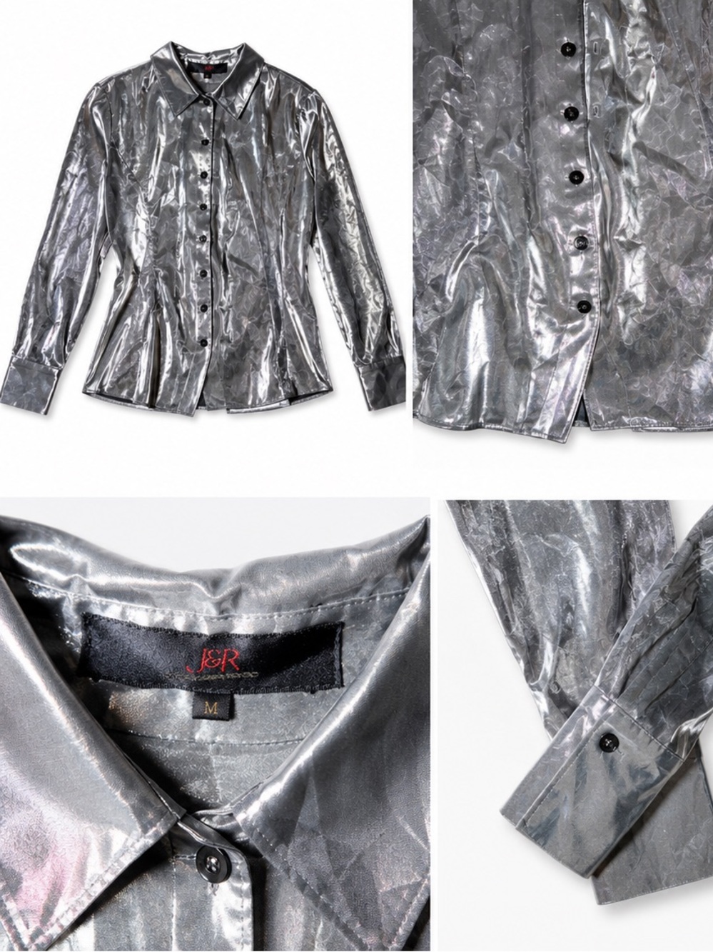 Vintage J&R Y2K Silver Metallic Button-Up Shirt | Futuristic Iridescent Blouse